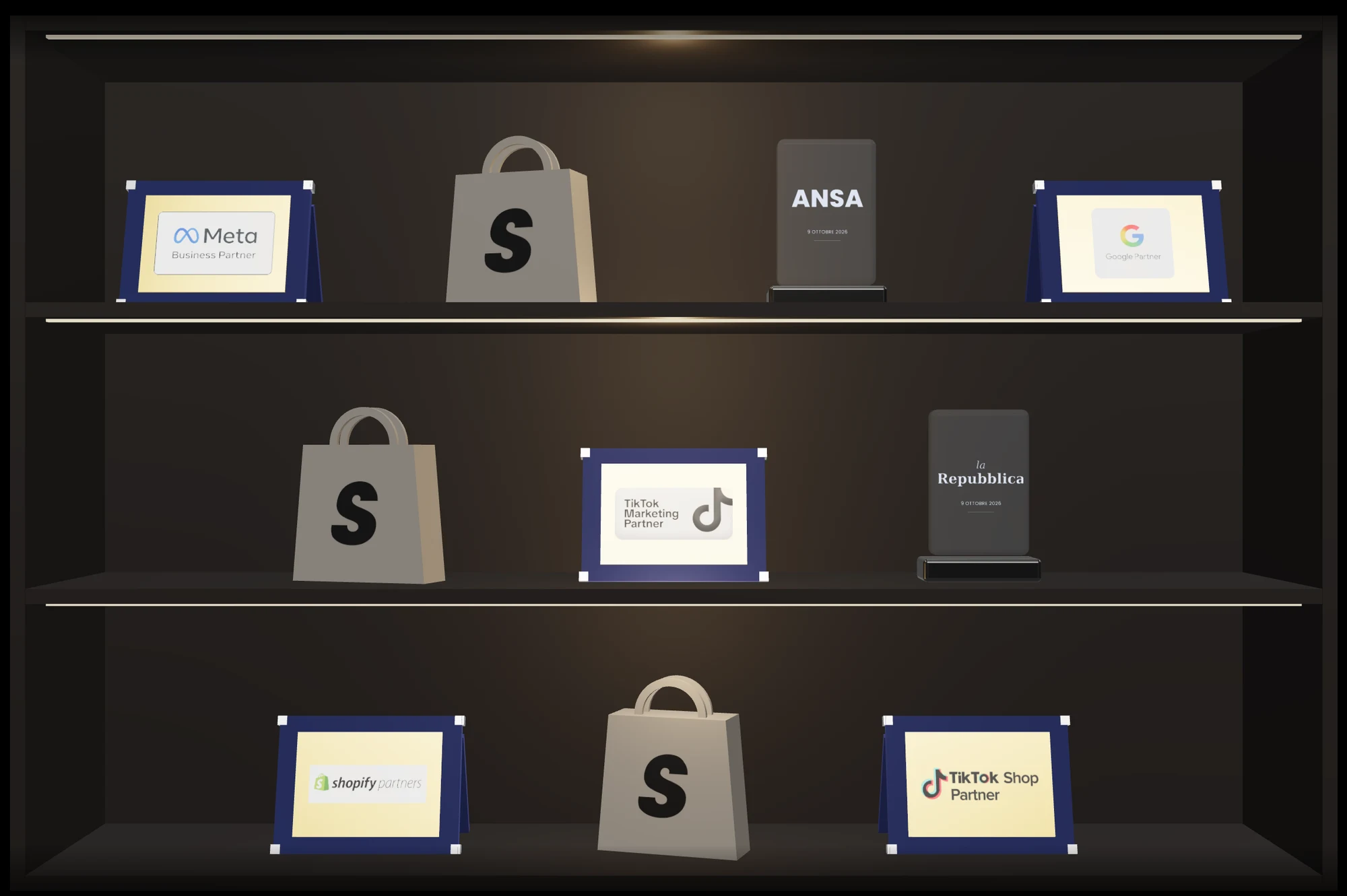 La bacheca dei riconoscimenti di SWAG ADV: le statuette Shopify dei 100.000 ordini, i badge partner di Meta, Google, TikTok e Shopify, i trofei di ANSA e la Repubblica